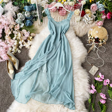 Load image into Gallery viewer, STARK 2020 summer Korean seaside holiday wave point sexy suspender dress slim Ruffle slit dress Women Casual Ruffle Party Tie