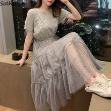 Load image into Gallery viewer, Dress Women O-neck Mesh Sequined High Waist Loose Trendy Sweet Casual Korean Style Mid-calf Chic Female Clothes Summer Ulzzang