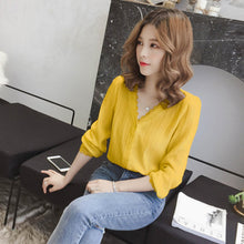 Load image into Gallery viewer, Women Blouses V-neck Chiffon Summer Solid Korean Style Lace Lined Female Button Elegant Slim Ulzzang Leisure All-match Simple