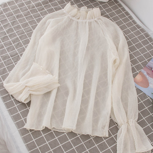 Shirts Women Chiffon Solid Kawaii Turtleneck Flare Sleeve Shirt Trendy Womens All-match Korean Style Elegant Chic Blouses Cute