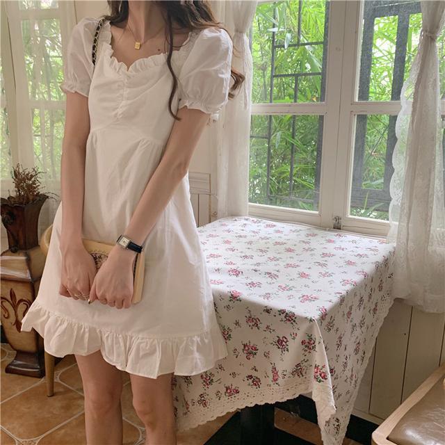 Dress Short Sleeve Solid Simple V-neck Elegant Slim Sweet Kawaii Korean Style All-match Womens Trendy Summer New Leisure Ulzzang