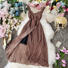 Load image into Gallery viewer, STARK 2020 summer Korean seaside holiday wave point sexy suspender dress slim Ruffle slit dress Women Casual Ruffle Party Tie
