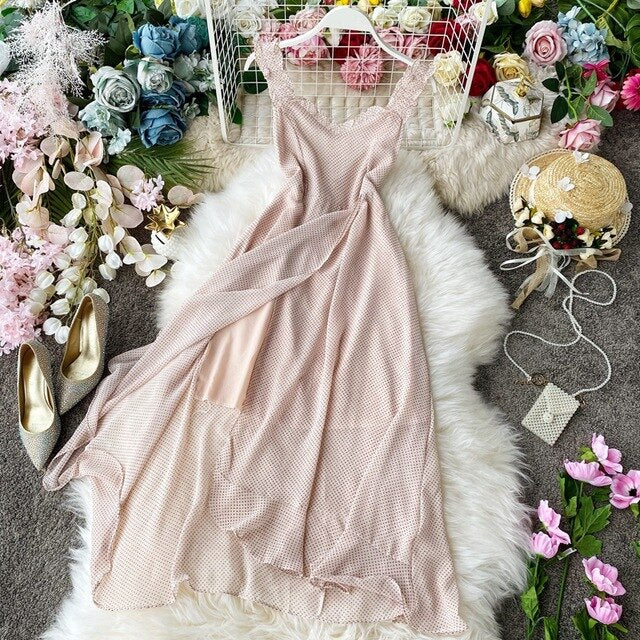 STARK 2020 summer Korean seaside holiday wave point sexy suspender dress slim Ruffle slit dress Women Casual Ruffle Party Tie