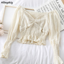 Load image into Gallery viewer, Blouses Women V-Neck Long Sleeve Solid Hollow Out Breathable Korean Style Fashion Leisure 2020 Womens Elegant Vintage Streetwear
