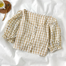 Load image into Gallery viewer, 2020 Summer Womenr Korean-Style Plaid Shirt Design French Puff Sleeve Square Collar Tops
