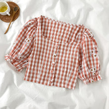 Load image into Gallery viewer, 2020 Summer Womenr Korean-Style Plaid Shirt Design French Puff Sleeve Square Collar Tops
