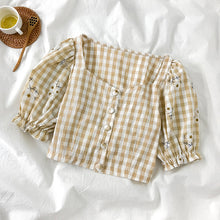 Load image into Gallery viewer, 2020 Summer Womenr Korean-Style Plaid Shirt Design French Puff Sleeve Square Collar Tops
