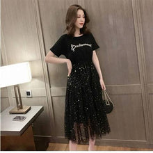 Load image into Gallery viewer, Dress Women O-neck Mesh Sequined High Waist Loose Trendy Sweet Casual Korean Style Mid-calf Chic Female Clothes Summer Ulzzang
