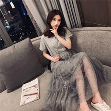 Load image into Gallery viewer, Dress Women O-neck Mesh Sequined High Waist Loose Trendy Sweet Casual Korean Style Mid-calf Chic Female Clothes Summer Ulzzang
