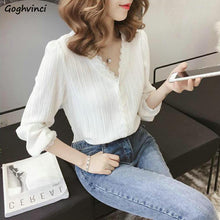 Load image into Gallery viewer, Women Blouses V-neck Chiffon Summer Solid Korean Style Lace Lined Female Button Elegant Slim Ulzzang Leisure All-match Simple
