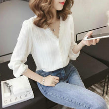 Load image into Gallery viewer, Women Blouses V-neck Chiffon Summer Solid Korean Style Lace Lined Female Button Elegant Slim Ulzzang Leisure All-match Simple
