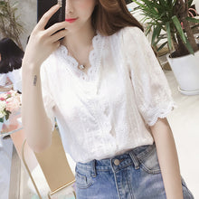 Load image into Gallery viewer, Women Blouses V-neck Chiffon Summer Solid Korean Style Lace Lined Female Button Elegant Slim Ulzzang Leisure All-match Simple
